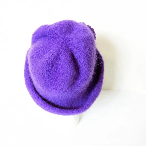Handmade Boho Bucket Hat Knit Flower Curled Brim Purple Retro‎ Old Timey Vintage - Picture 5 of 7
